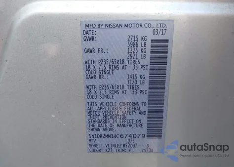 2017 Nissan Pathfinder Sv from USA, damaged, VIN 5N1DR2MM1HC674079